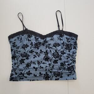 Y2K Whimsigoth Fairy Grunge Camisole Womens Large Blue Black Lace Floral Velvet